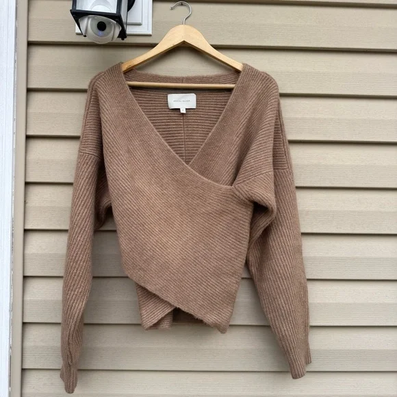 Brochu Walker Camel Ribbed Crossover Knit Wool Blend Sweater Top